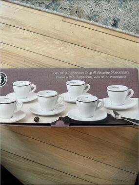 Porcelain Espresso Cup & Saucer Set - White with Black Trim (Set of 6)